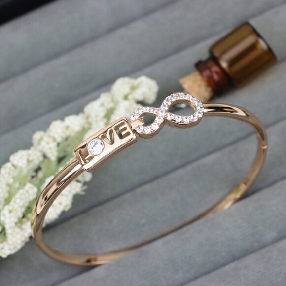 Rose Gold LOVE & Infinity Symbol Bangle with Sparkling Stones, XPBL0476 - Picture 10 of 12